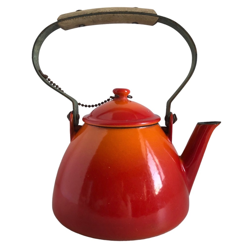 Vintage Descoware MCM Cast Iron Enameled Kettle Teapot Flame Orange & Red
